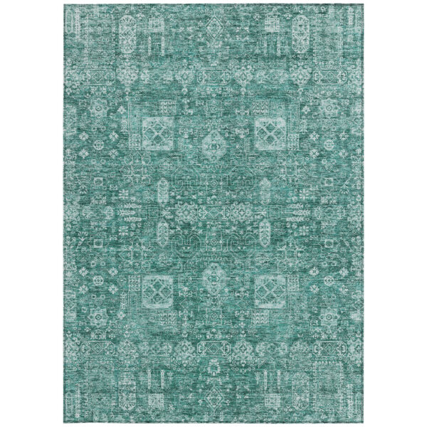 10' X 14' Dark Green And Aqua Oriental Washable Indoor Outdoor Area Rug