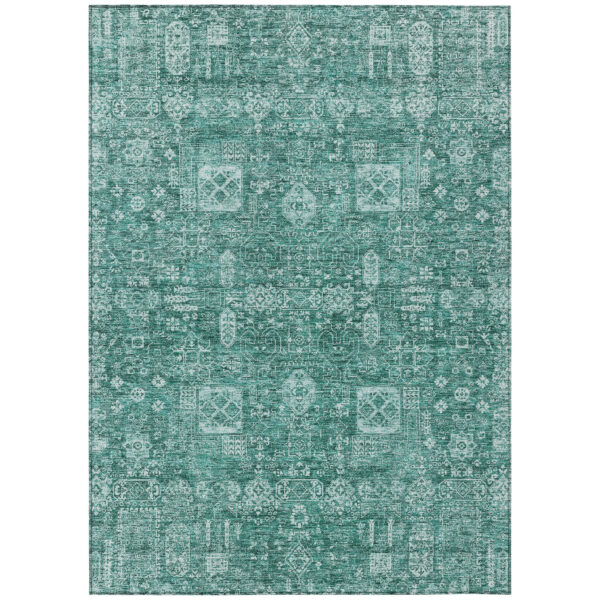 10' X 14' Dark Green And Aqua Oriental Washable Indoor Outdoor Area Rug