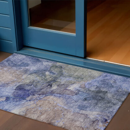 3' X 5' Navy Blue And Beige Abstract Washable Indoor Outdoor Area Rug