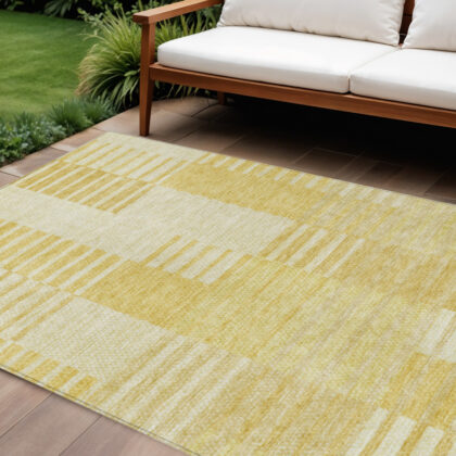 8' X 10' Gold Wheat And Ivory Striped Washable Indoor Outdoor Area Rug