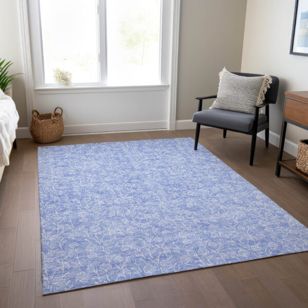 8' X 10' Denim Blue And Ivory Floral Washable Indoor Outdoor Area Rug