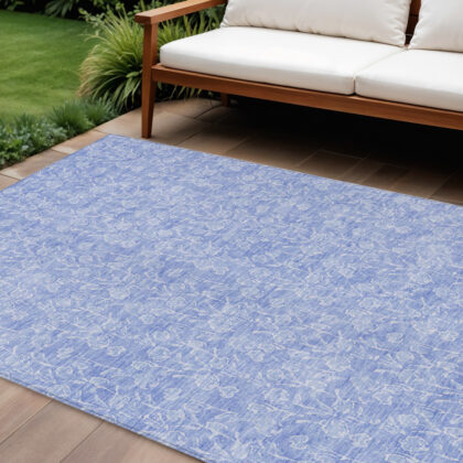 8' X 10' Denim Blue And Ivory Floral Washable Indoor Outdoor Area Rug