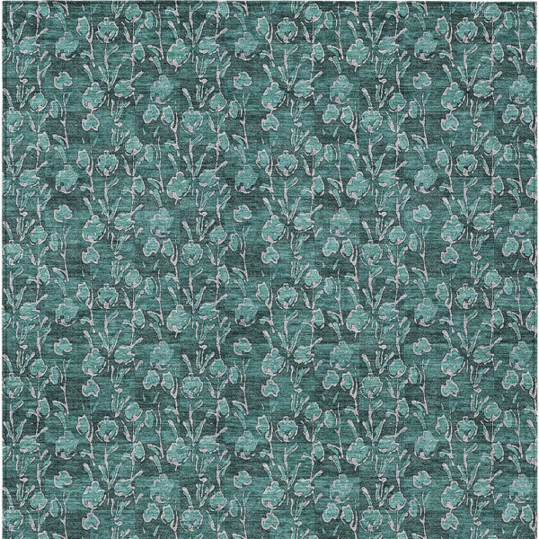 10' X 14' Teal Blue Aqua And Ivory Floral Washable Indoor Outdoor Area Rug