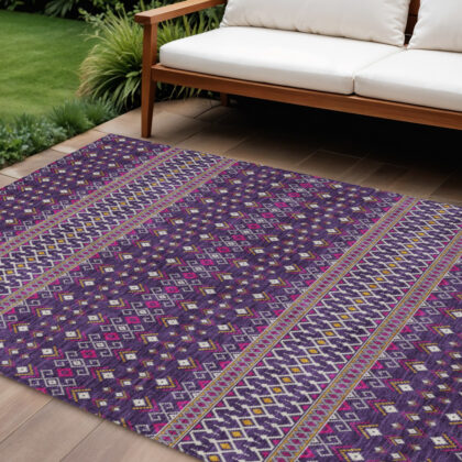 10' X 14' Purple Pink And Yellow Tribal Washable Indoor Outdoor Area Rug