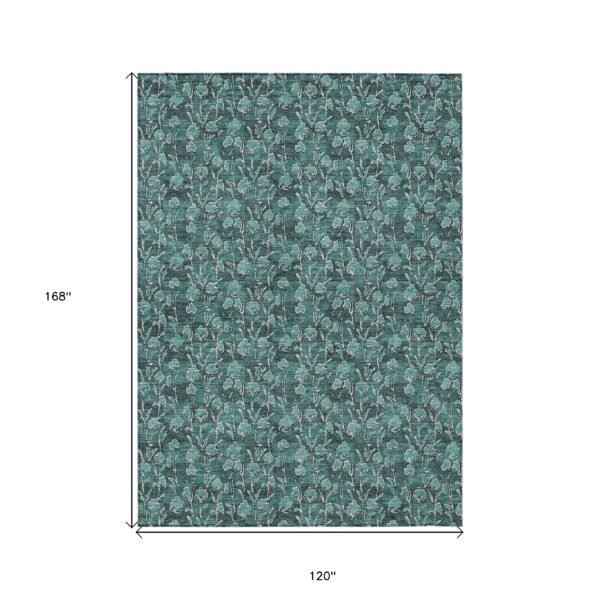 10' X 14' Teal Blue Aqua And Ivory Floral Washable Indoor Outdoor Area Rug