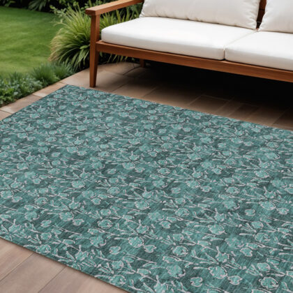 10' X 14' Teal Blue Aqua And Ivory Floral Washable Indoor Outdoor Area Rug
