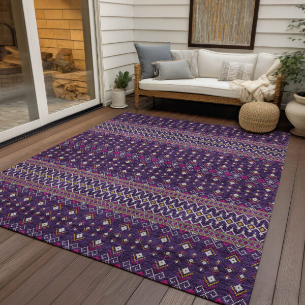 10' X 14' Purple Pink And Yellow Tribal Washable Indoor Outdoor Area Rug
