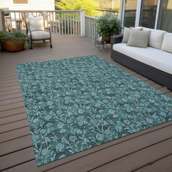 10' X 14' Teal Blue Aqua And Ivory Floral Washable Indoor Outdoor Area Rug