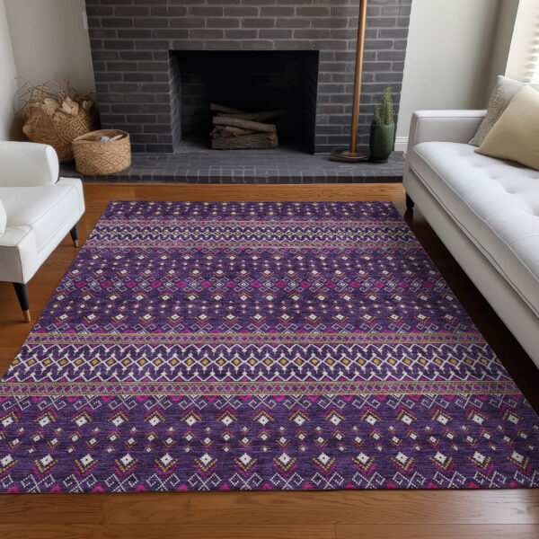 10' X 14' Purple Pink And Yellow Tribal Washable Indoor Outdoor Area Rug