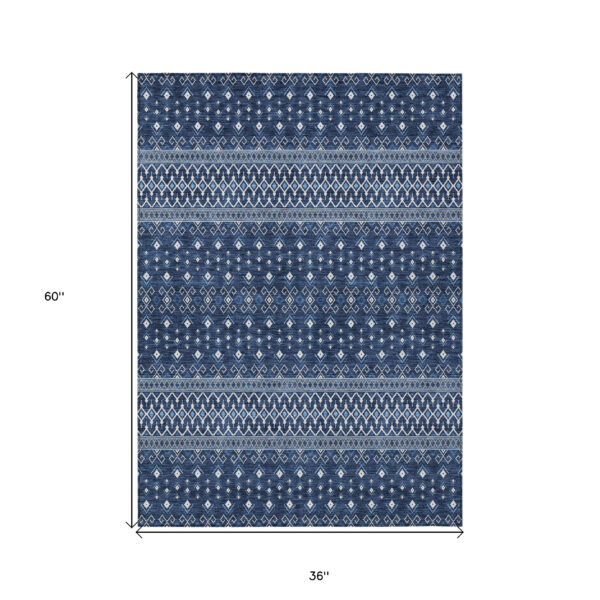 3' X 5' Navy Blue And Denim Blue Tribal Washable Indoor Outdoor Area Rug