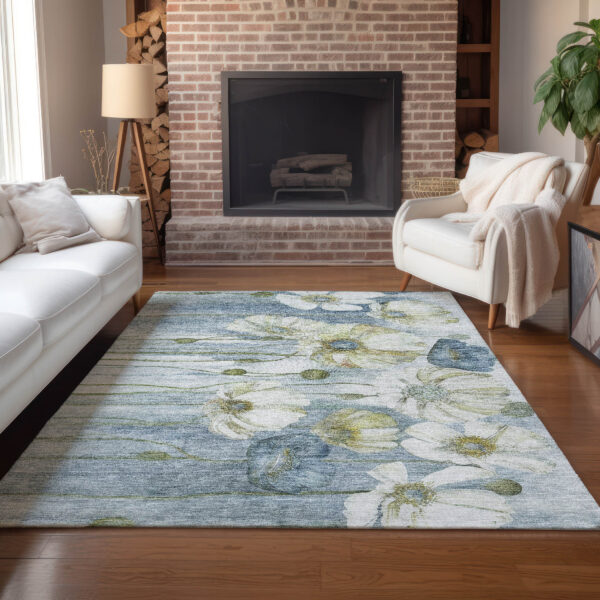 3' X 5' Denim Blue And Sky Blue Floral Washable Indoor Outdoor Area Rug