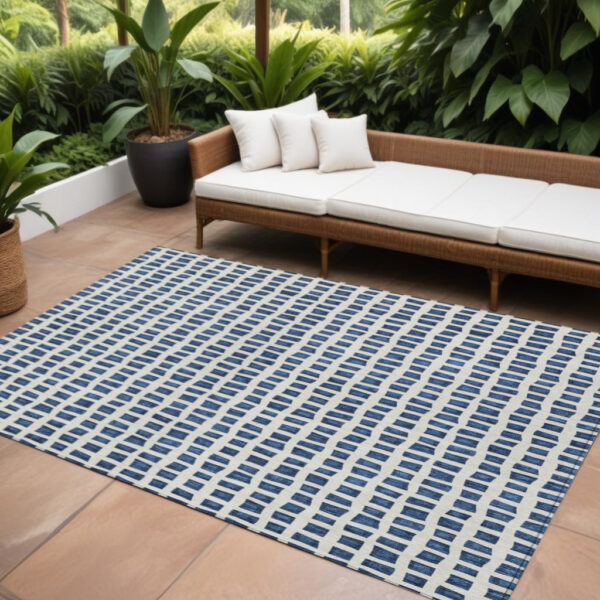 9' X 12' Navy Blue And Ivory Geometric Washable Indoor Outdoor Area Rug