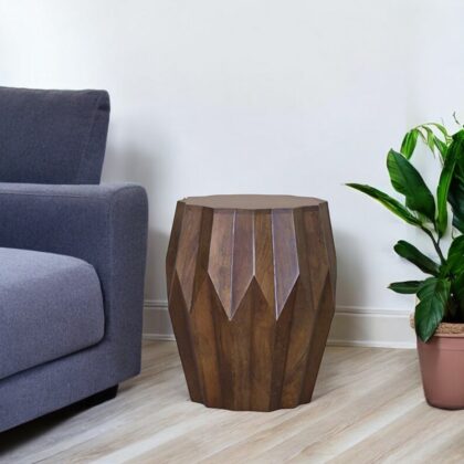 23" Dark Brown Solid Wood Drum End Table