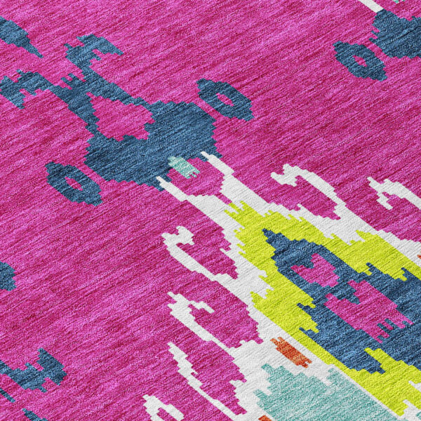 9' X 12' Pink Lime Green And Orange Ikat Washable Indoor Outdoor Area Rug