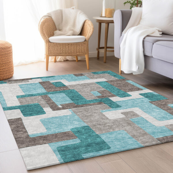 8' X 10' Teal Blue Aqua And Beige Abstract Washable Indoor Outdoor Area Rug