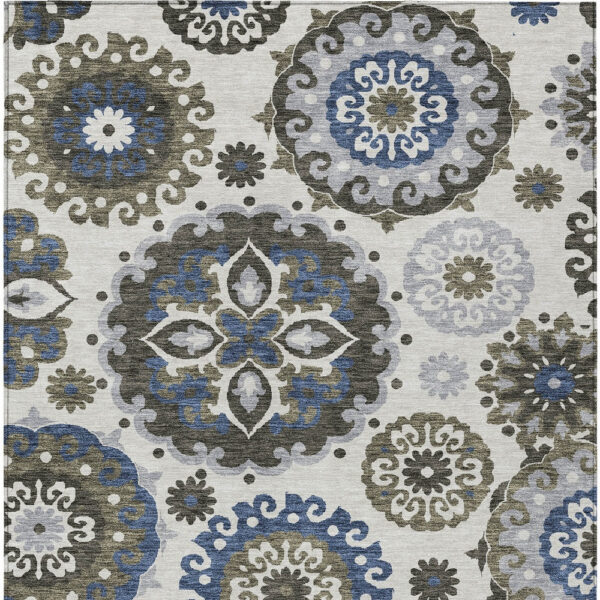 8' X 10' Pewter Silver And Gray Floral Medallion Washable Indoor Outdoor Area Rug