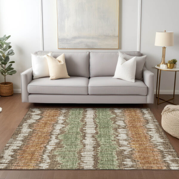9' X 12' Chocolate Copper And Green Striped Washable Indoor Outdoor Area Rug