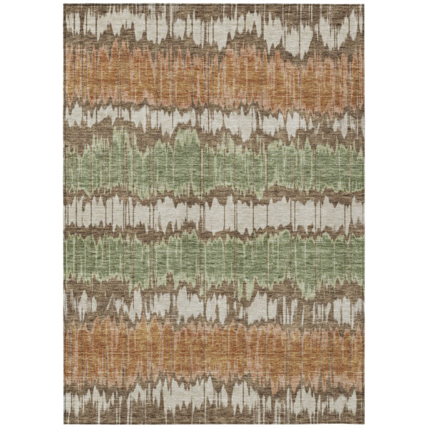 9' X 12' Chocolate Copper And Green Striped Washable Indoor Outdoor Area Rug