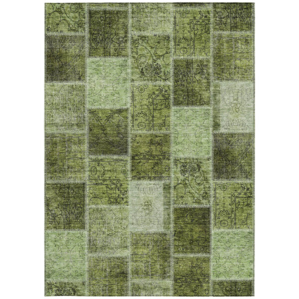 8' X 10' Olive Green And Artichoke Green Patchwork Washable Indoor Outdoor Area Rug