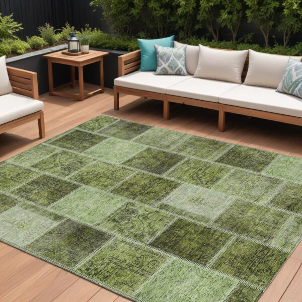 8' X 10' Olive Green And Artichoke Green Patchwork Washable Indoor Outdoor Area Rug