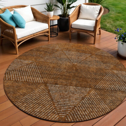 8' Terra Cotta Copper And Beige Round Geometric Washable Indoor Outdoor Area Rug