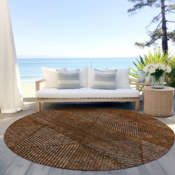 8' Terra Cotta Copper And Beige Round Geometric Washable Indoor Outdoor Area Rug