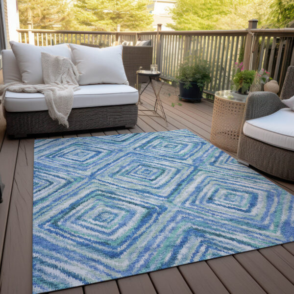 10' X 14' Blue Denim Blue And Green Geometric Washable Indoor Outdoor Area Rug