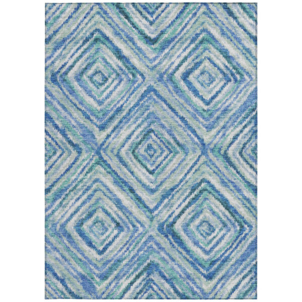 10' X 14' Blue Denim Blue And Green Geometric Washable Indoor Outdoor Area Rug