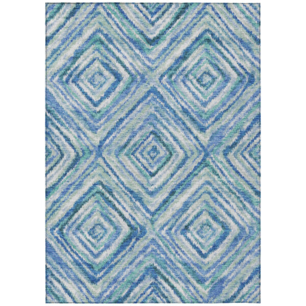 10' X 14' Blue Denim Blue And Green Geometric Washable Indoor Outdoor Area Rug