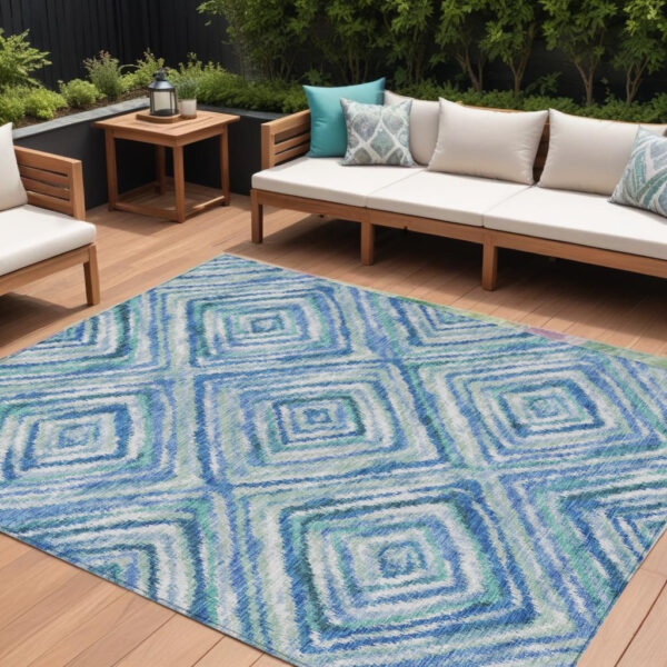 10' X 14' Blue Denim Blue And Green Geometric Washable Indoor Outdoor Area Rug