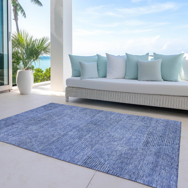 9' X 12' Denim Blue And Sky Blue Geometric Washable Indoor Outdoor Area Rug