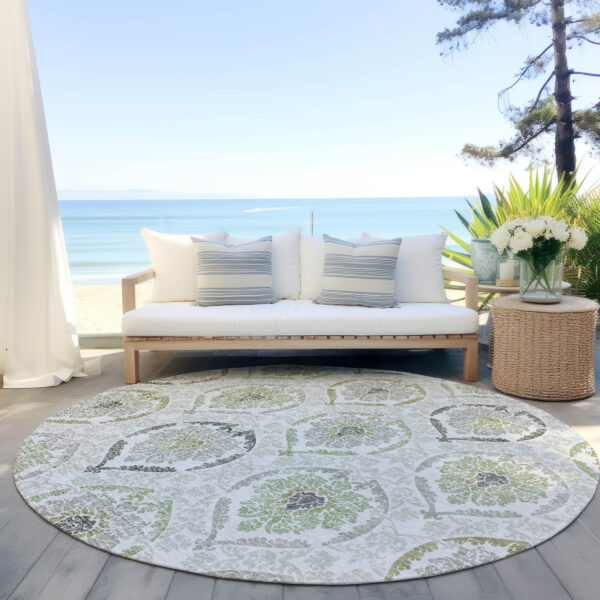 8' Gray And Olive Green Round Medallion Washable Indoor Outdoor Area Rug