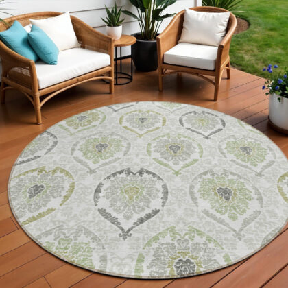 8' Gray And Olive Green Round Medallion Washable Indoor Outdoor Area Rug