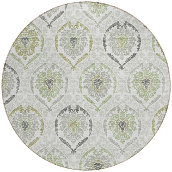 8' Gray And Olive Green Round Medallion Washable Indoor Outdoor Area Rug