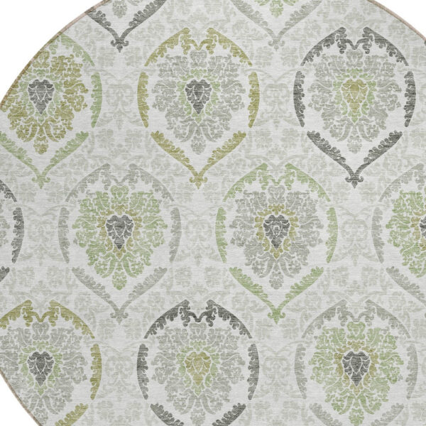 8' Gray And Olive Green Round Medallion Washable Indoor Outdoor Area Rug