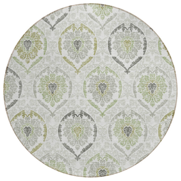 8' Gray And Olive Green Round Medallion Washable Indoor Outdoor Area Rug