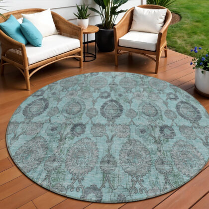 8' Turquoise Gray And Charcoal Round Damask Washable Indoor Outdoor Area Rug