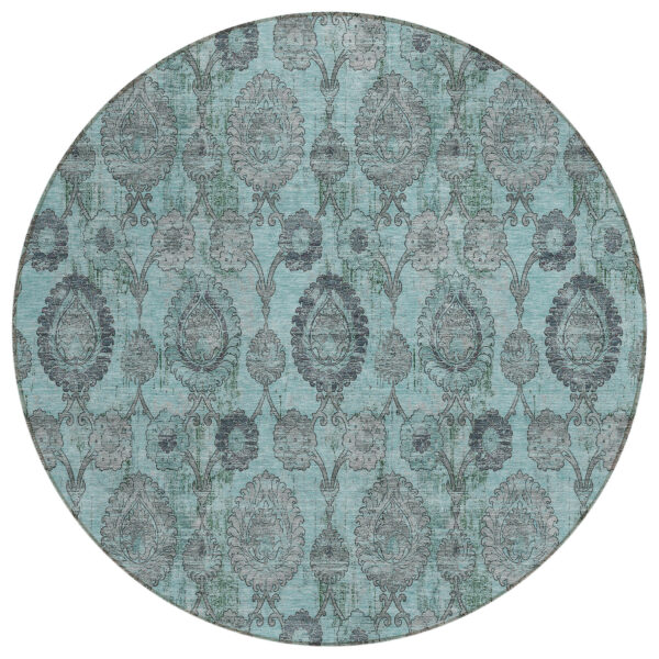 8' Turquoise Gray And Charcoal Round Damask Washable Indoor Outdoor Area Rug