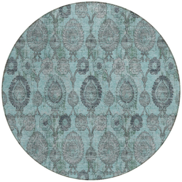 8' Turquoise Gray And Charcoal Round Damask Washable Indoor Outdoor Area Rug
