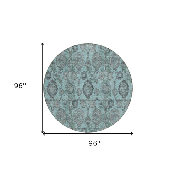 8' Turquoise Gray And Charcoal Round Damask Washable Indoor Outdoor Area Rug