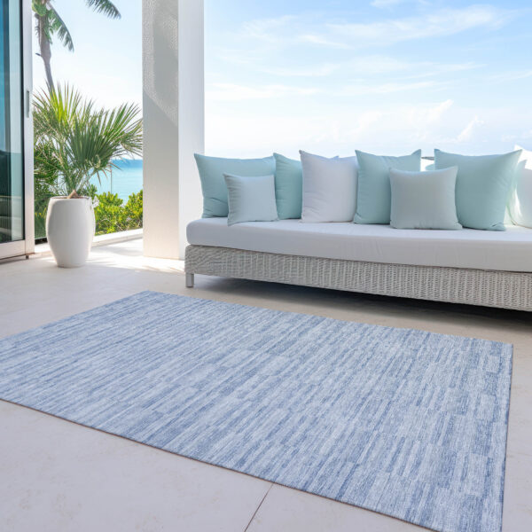 10' X 14' Sky Blue And Denim Blue Striped Washable Indoor Outdoor Area Rug