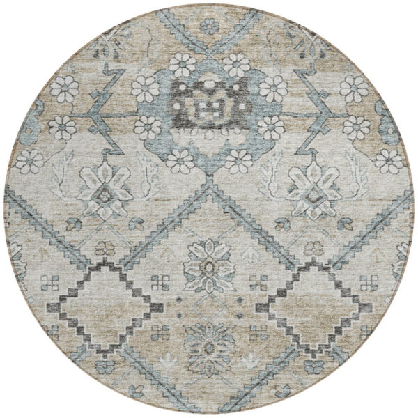 8' Beige Taupe And Tan Round Floral Washable Indoor Outdoor Area Rug