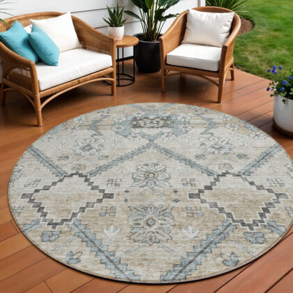 8' Beige Taupe And Tan Round Floral Washable Indoor Outdoor Area Rug