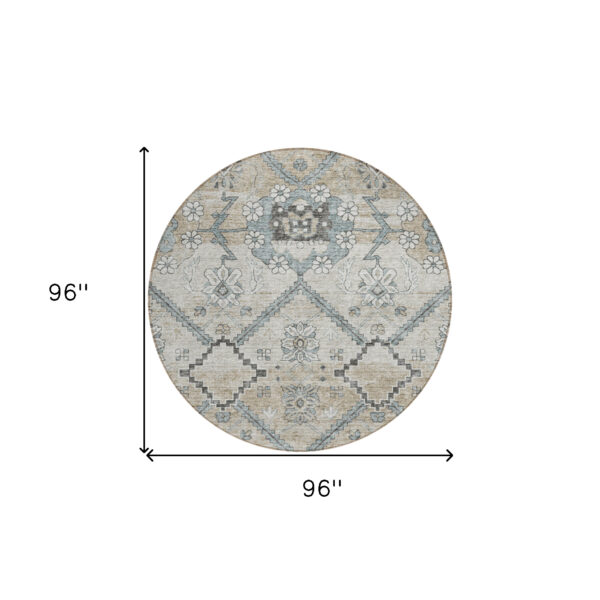 8' Beige Taupe And Tan Round Floral Washable Indoor Outdoor Area Rug