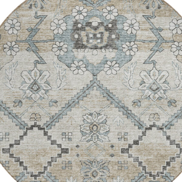 8' Beige Taupe And Tan Round Floral Washable Indoor Outdoor Area Rug