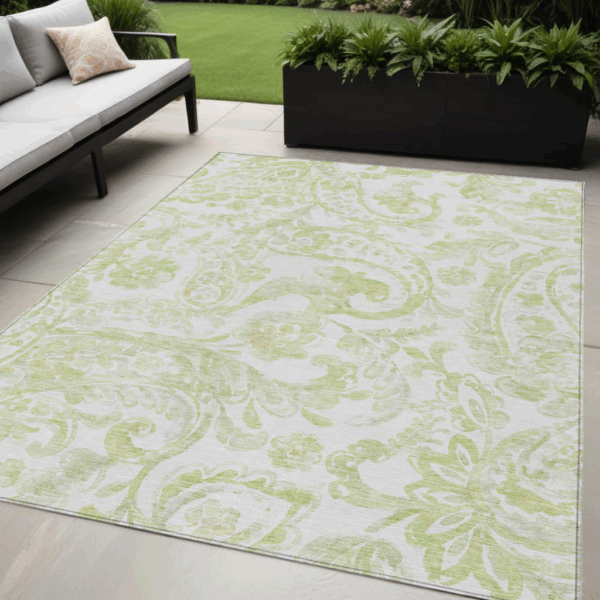 5' X 8' Sage Green And Ivory Paisley Washable Indoor Outdoor Area Rug