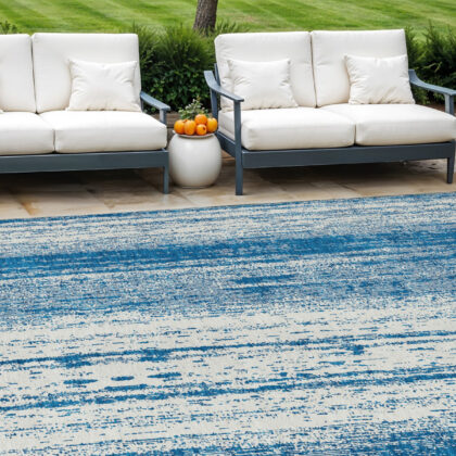 10' X 14' Navy Blue And Ivory Striped Washable Indoor Outdoor Area Rug