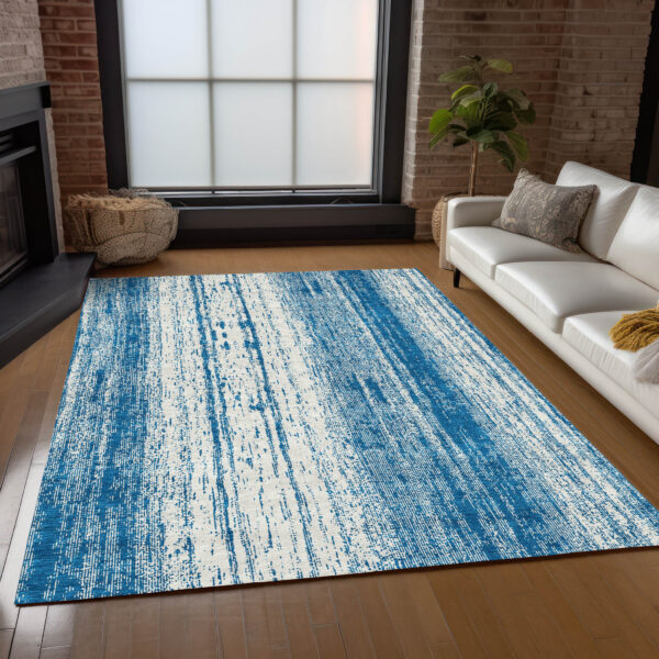 10' X 14' Navy Blue And Ivory Striped Washable Indoor Outdoor Area Rug