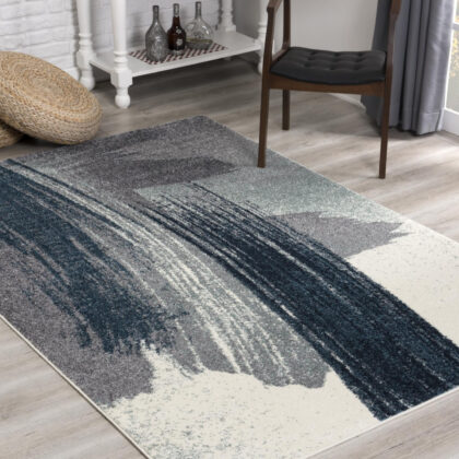 4’ X 6’ White And Blue Abstract Strokes Area Rug