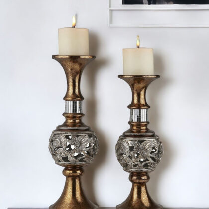 Set Of Two Silver and Brown Pillar Tabletop Pillar Candle Holders